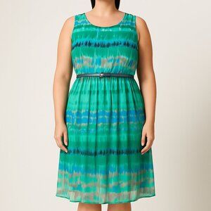Dressbarn Green Blue Patterned Belted Dress – Size 10 (Stock #219)